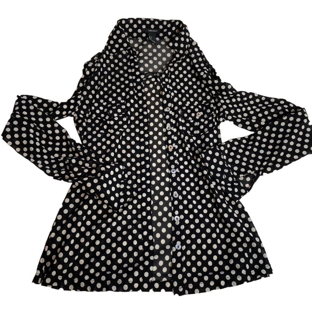 FOREVER 21 Sheer Black White Polka Dot Longsleeve. Button Up Top Small